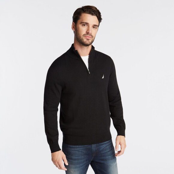 NAUTICA Quarter Zip Sweater Black 100% Cotton Embroidered Logo Size Large - Picture 1 of 16